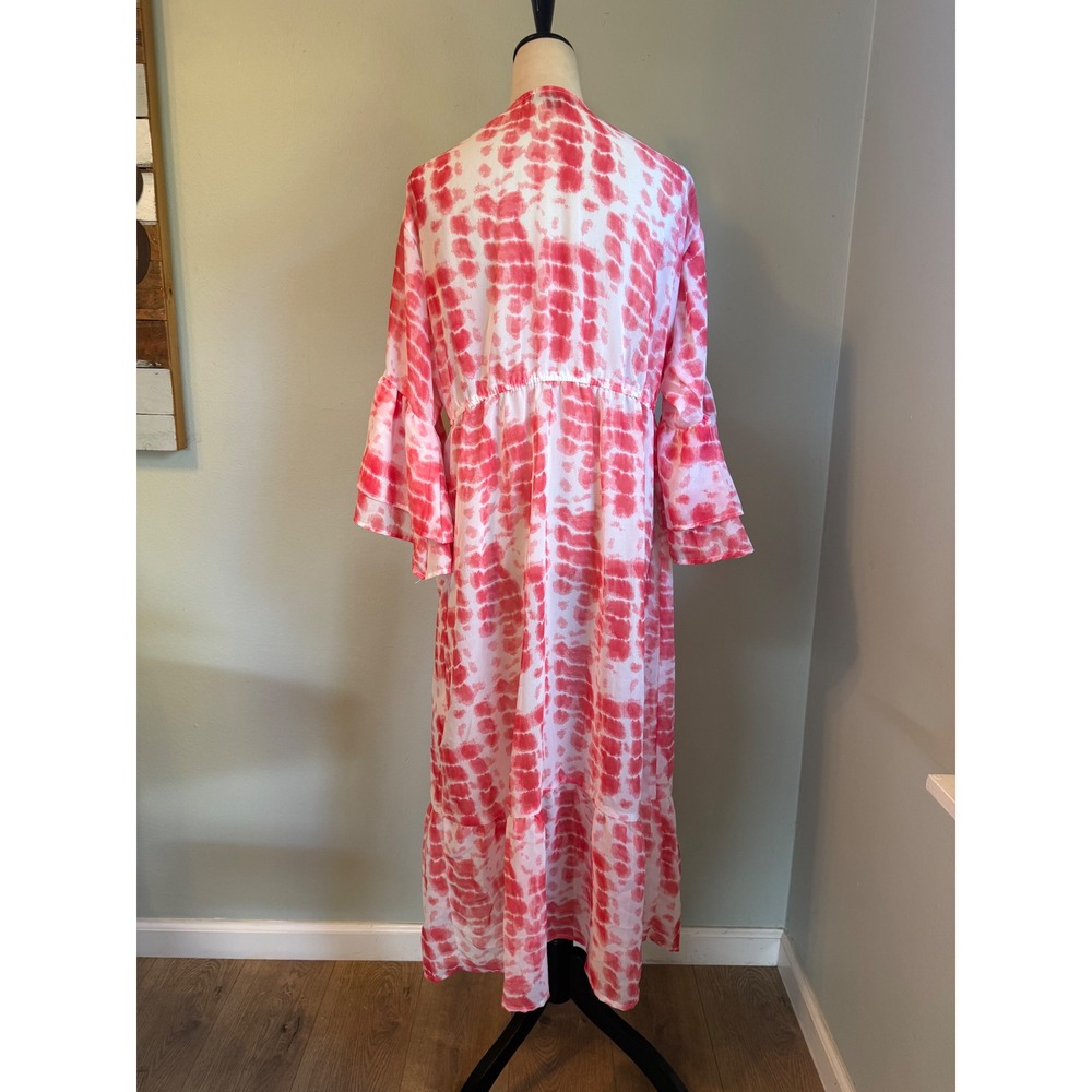 Pink White Tie Dye Kimono Duster Ruffle maxi coverup sheer beach resort tiedye y - Picture 5 of 7